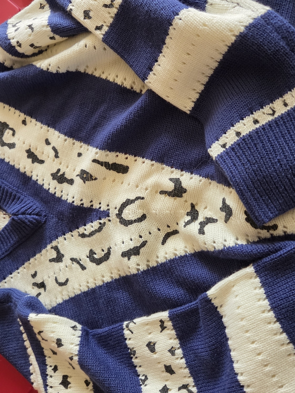 Striped V-Neck Knit Sweater in Navy and Cream with Animal Accent